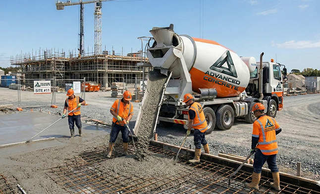 Ready mix concrete slab pouring team