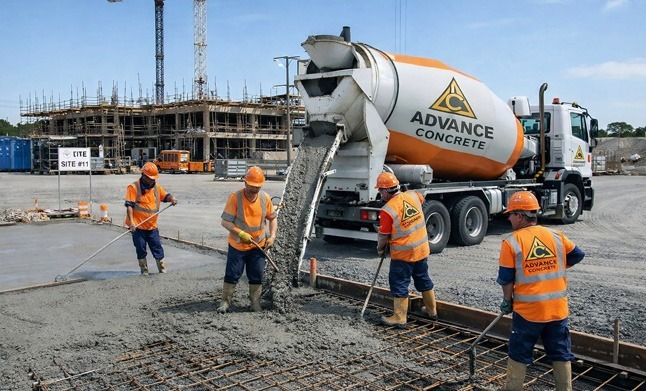 Ready mix concrete slab pouring team